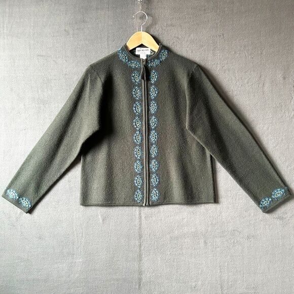 Pendelton Forest Green Merino Wool Cardigan Embroidered Full Zip - Women's L - Picture 3 of 7